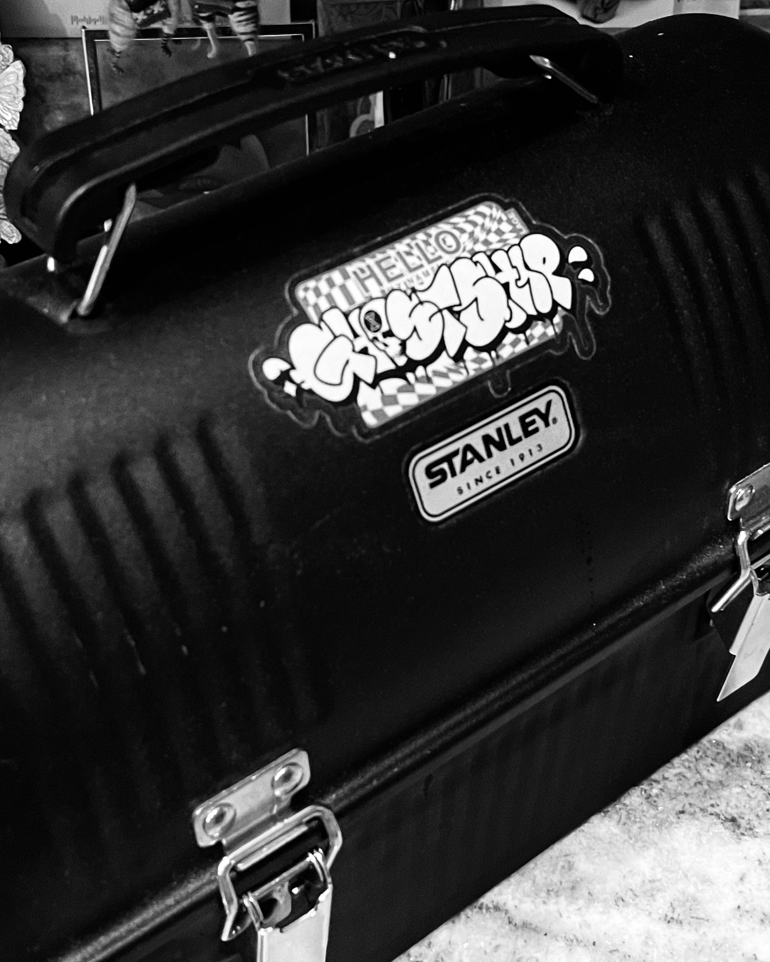 Hello My Name Is... Tan and Black on Warped Tan and Red Checkered Throwie Sticker - XL