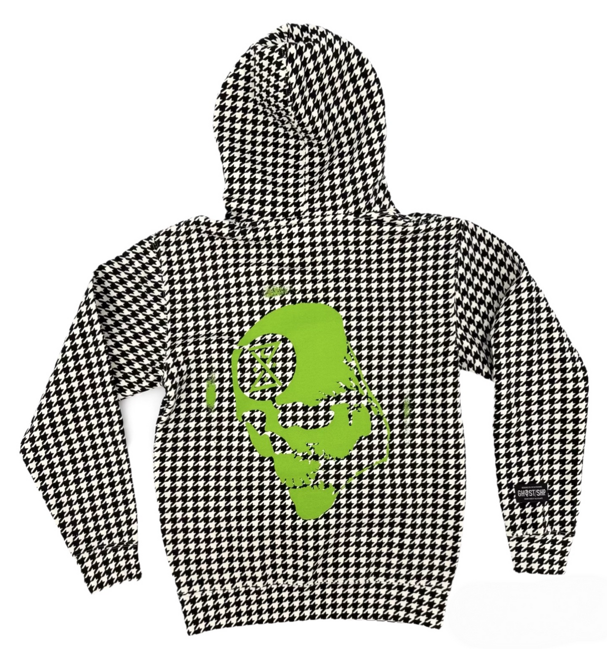 black and white houndstooth hoodie with neon green skull graphic featuring the ghostship outer banks skull on the back