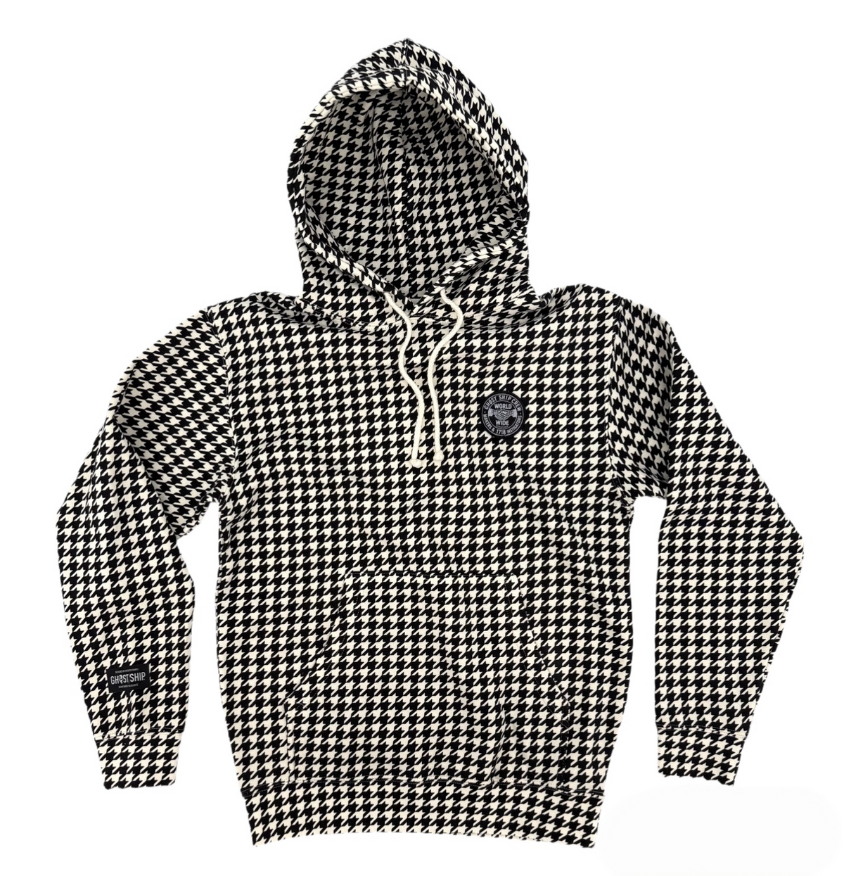 black and white houndstooth hoodie with white drawcord