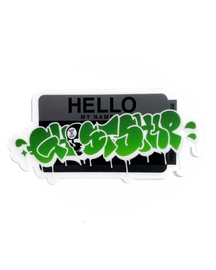Hello My Name Is... Black and Green on Dark Gray Throwie Sticker - GHOSTSHIP.Supply