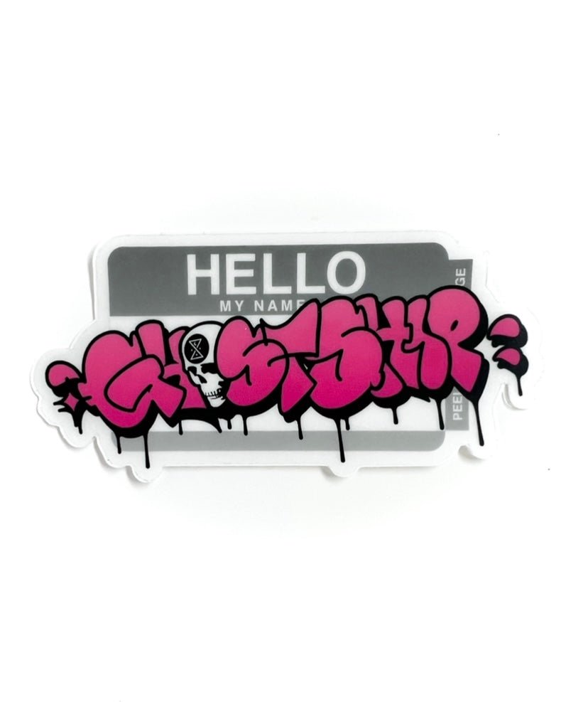 Hello My Name Is... Black and Pink on Gray Throwie Sticker - GHOSTSHIP.Supply