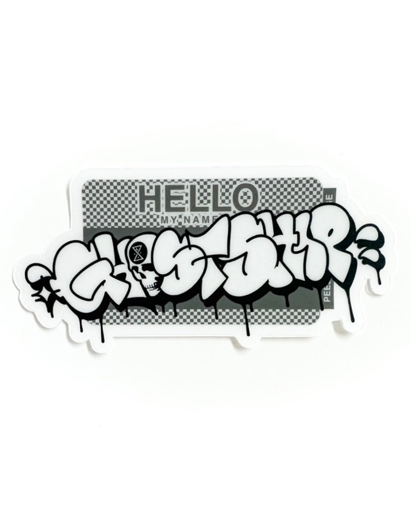 Hello My Name Is... Black and White on Gray Checkered Throwie Sticker