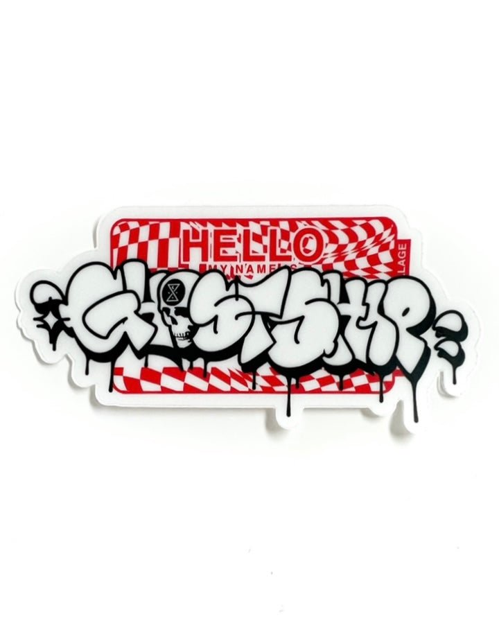 Hello My Name Is... Black and White on Red Checkered Throwie Sticker - GHOSTSHIP.Supply