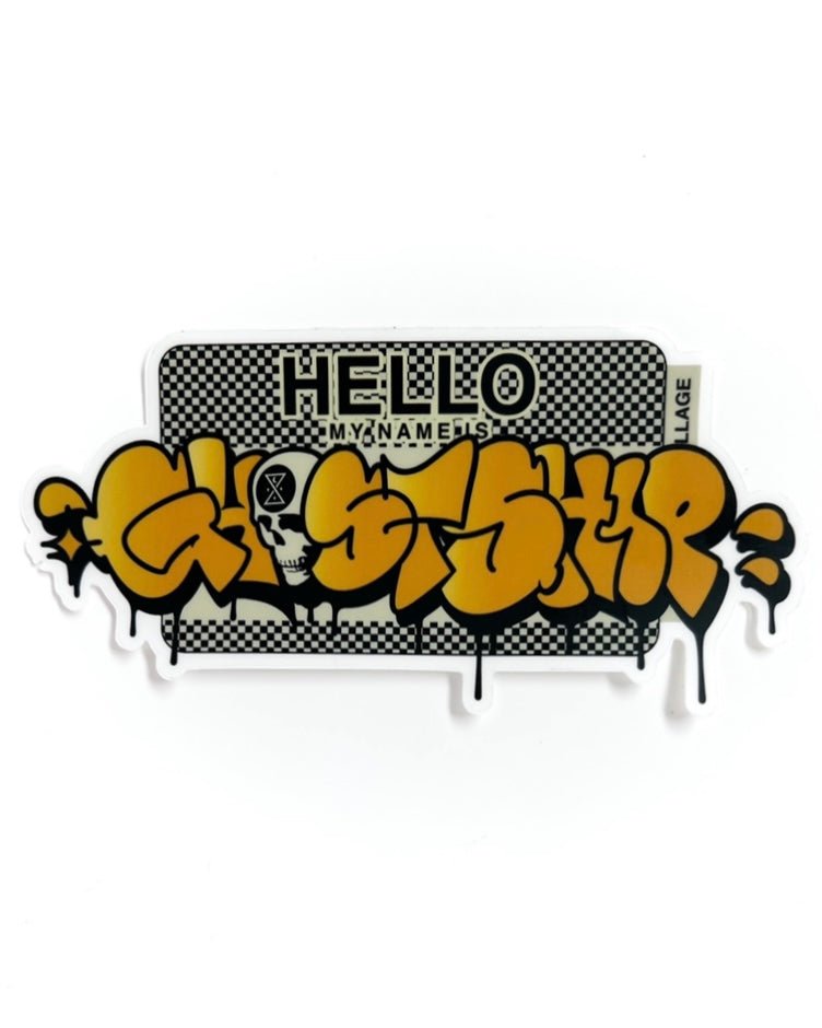 Hello My Name Is... Gold and Black on Tan Checkered Throwie Sticker - XL - GHOSTSHIP.Supply