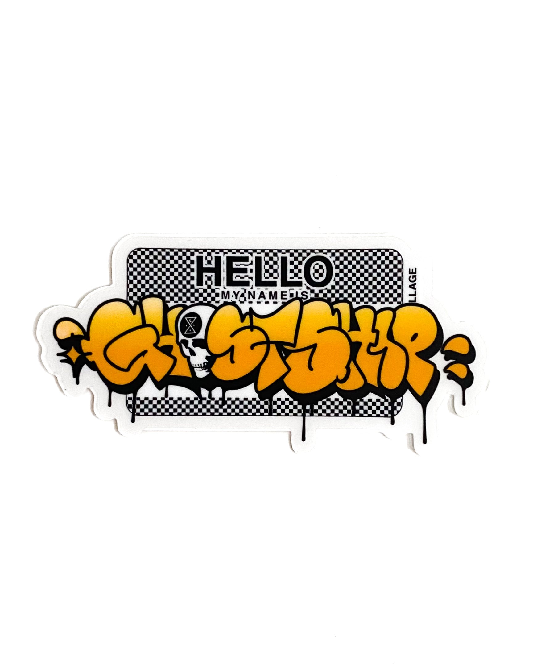 Hello My Name Is... Gold on Black and White Checkered Throwie Sticker - GHOSTSHIP.Supply
