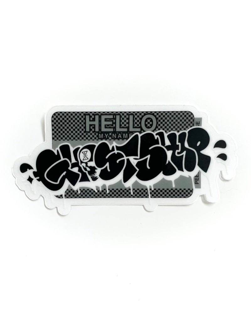 Hello My Name Is... Inverted Black and White on Dark Gray Checkered Throwie Sticker - GHOSTSHIP.Supply