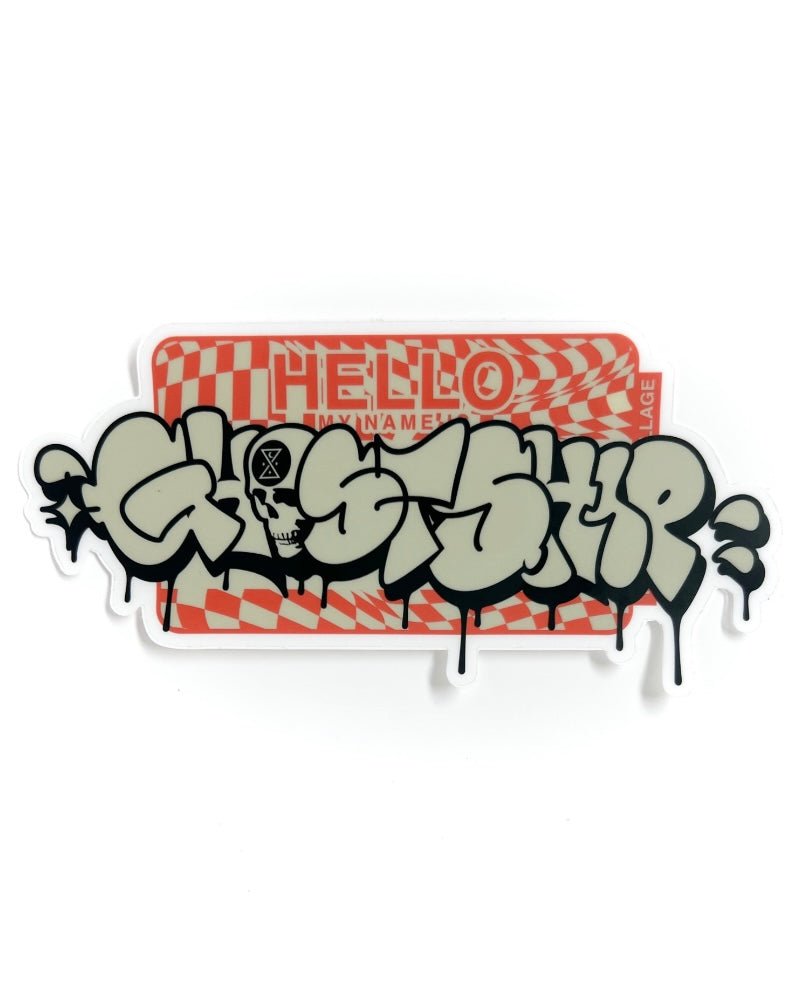 Hello My Name Is... Tan and Black on Warped Tan and Red Checkered Throwie Sticker - XL - GHOSTSHIP.Supply