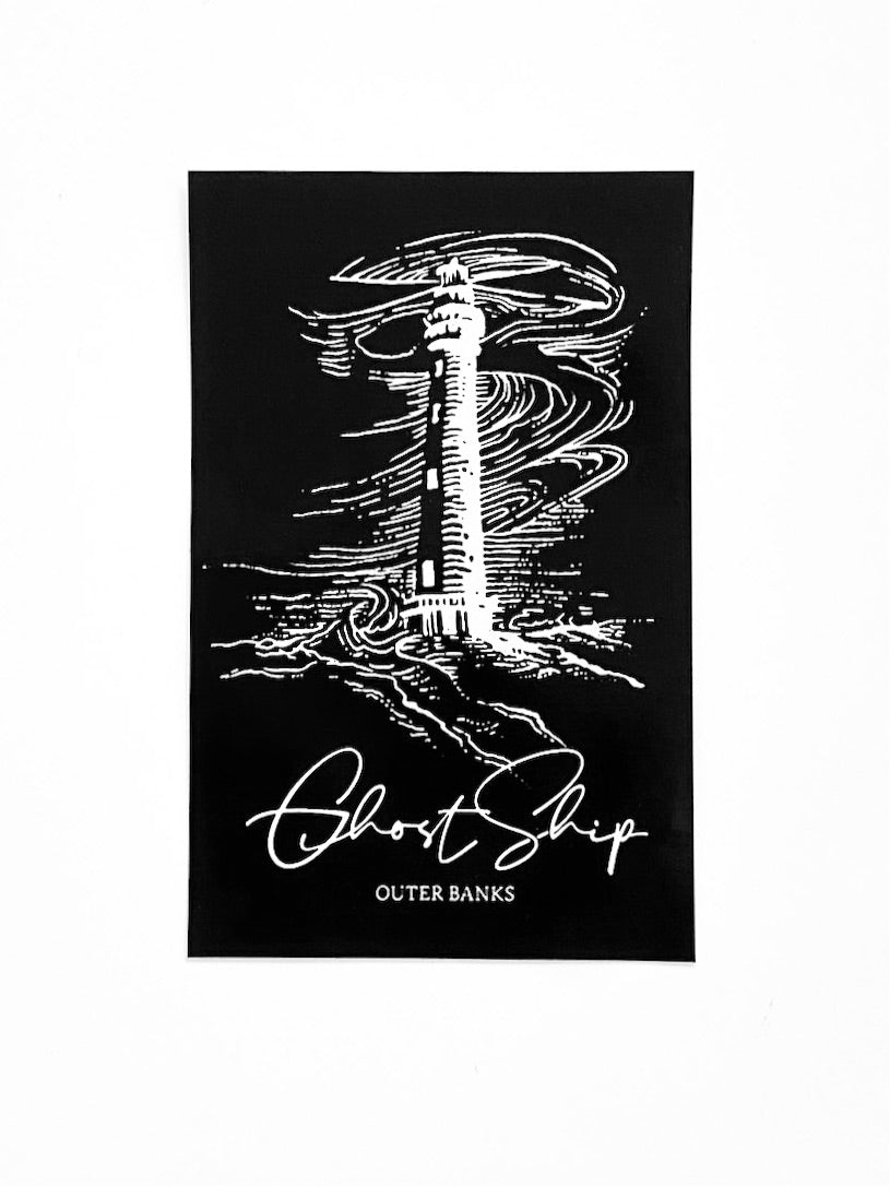 Lighthouse Script logo on Black Rectangle Sticker - Medium - GHOSTSHIP.Supply